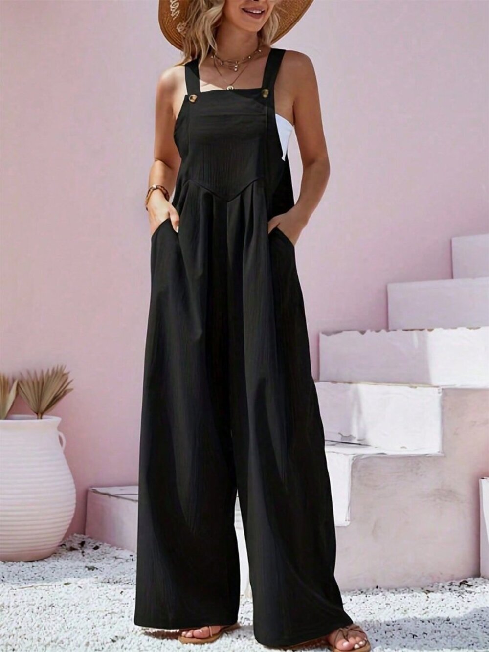 Black Casual Women's Button Strap Wide Leg Jumpsuit